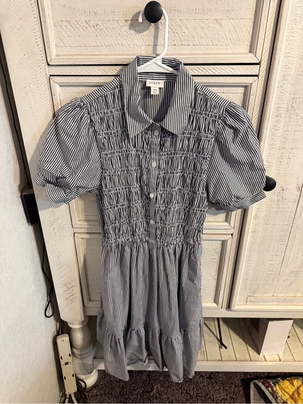 J. Crew Blue and White Striped Smocked Puff Sleeve Dress